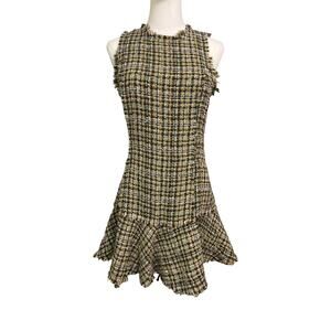 En Saison Tweed Sleeveless Dress Size S Raw Edge Flounce Hem Olive NWT